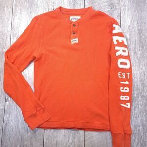 Aeropostale Henley Mens Medium Orange Long Sleeve Waffle Knit Embroidered Aero